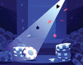 Poker chips and playing cards on a spotlight stage, representing poker's role in popular culture